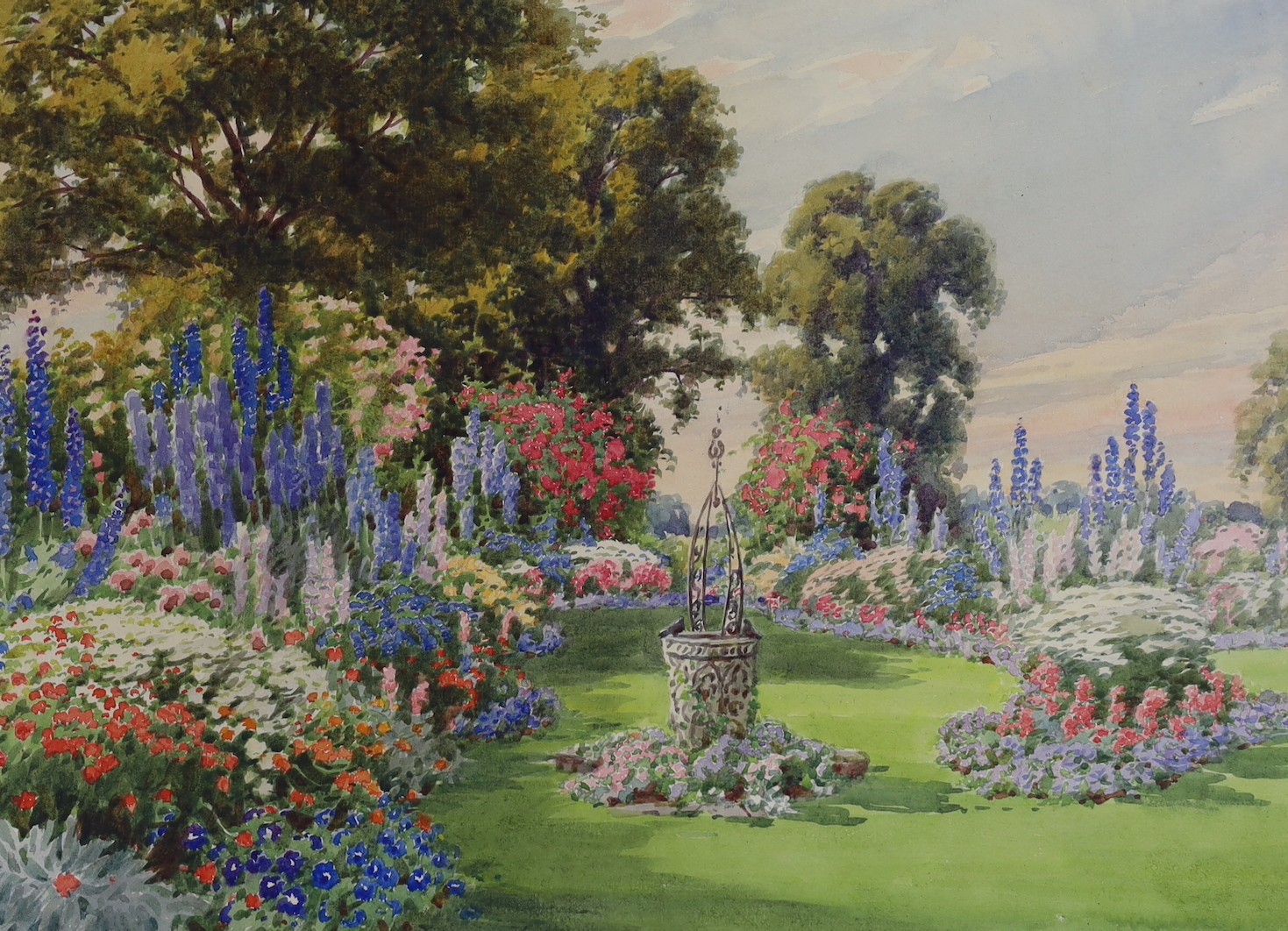 Howard Walford (1864–1950), two watercolours, summer gardens, one signed, unframed, largest 27 x 39cm